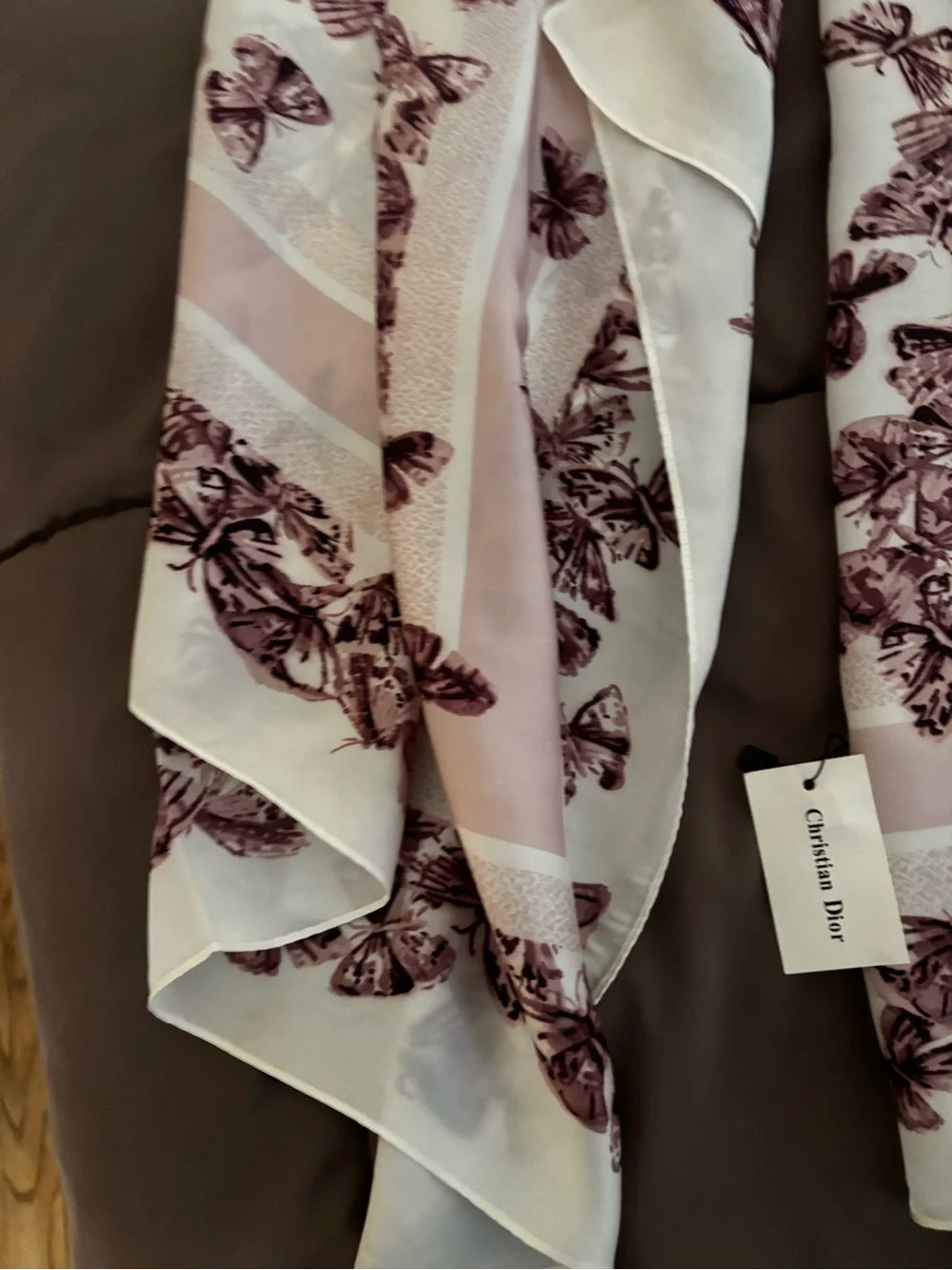 100% Silk Cream Wrap Scarf with Mauve Butterfly Print - Picture 8 of 9